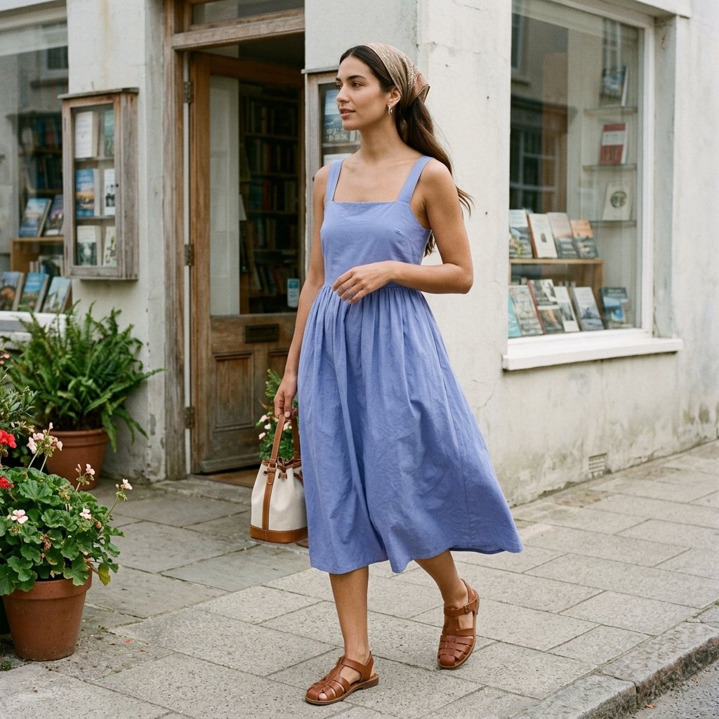 Periwinkle Poplin Sundress With Tobacco Fisherman Sandals