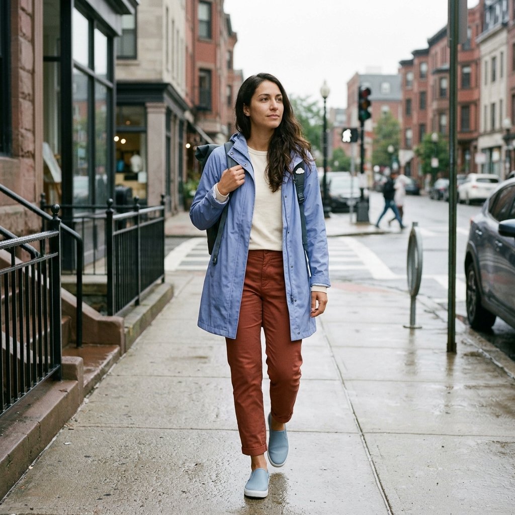 Periwinkle Raincoat, Clay Chinos, and Cloud Brooch