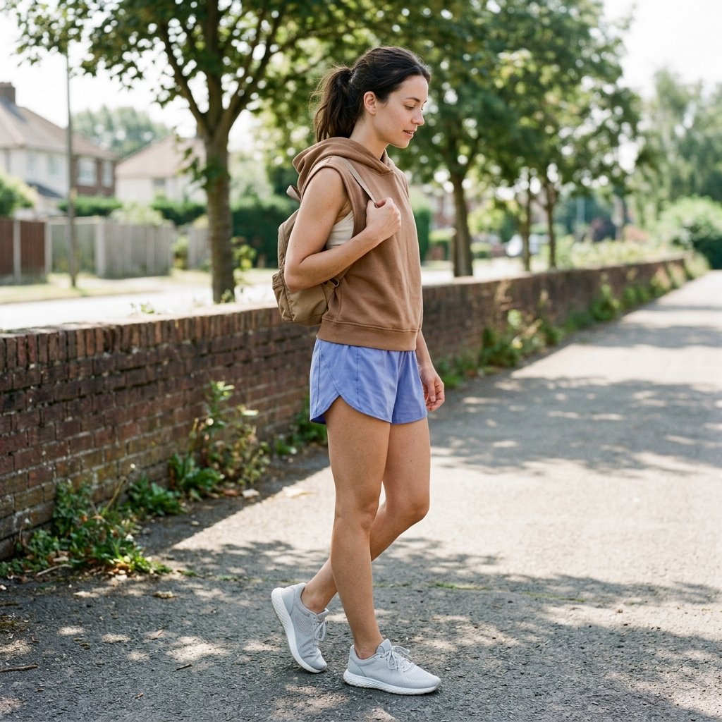 Periwinkle Running Shorts With a Hazelnut Sleeveless Hoodie