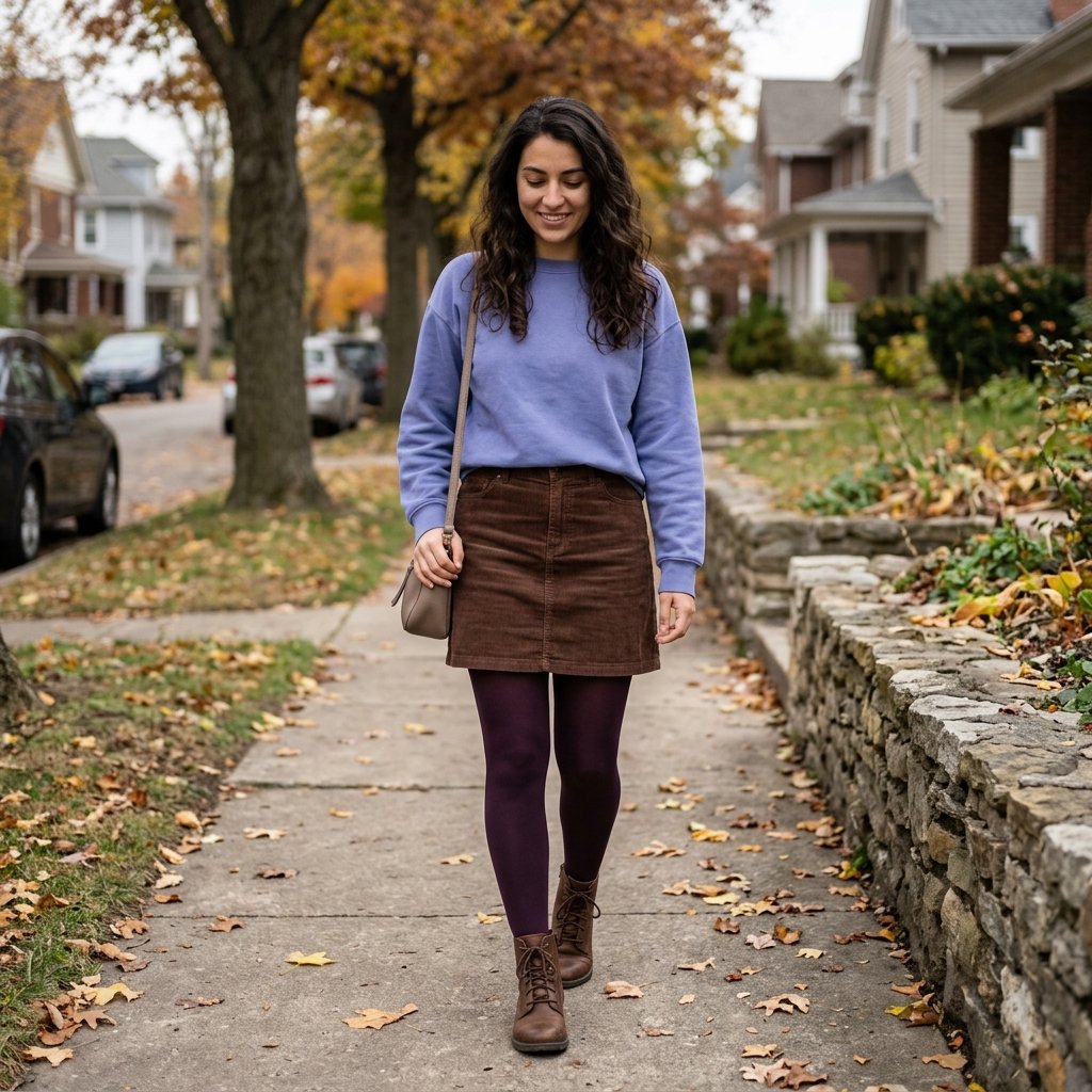 Periwinkle Sweatshirt + Cocoa Corduroy Mini Skirt + Lace-Up Ankle Boots