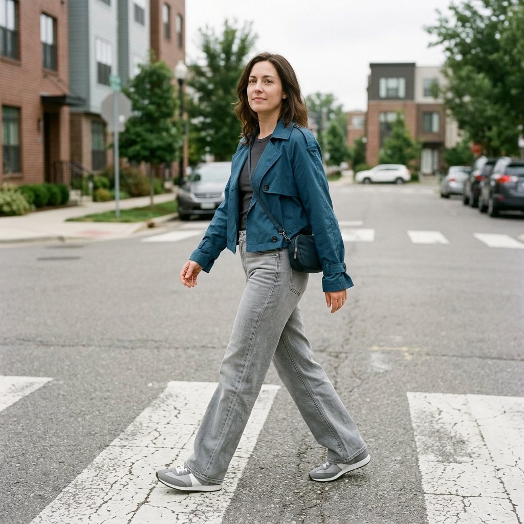 Petrol Blue Cropped Trench With Silver Gray Denim