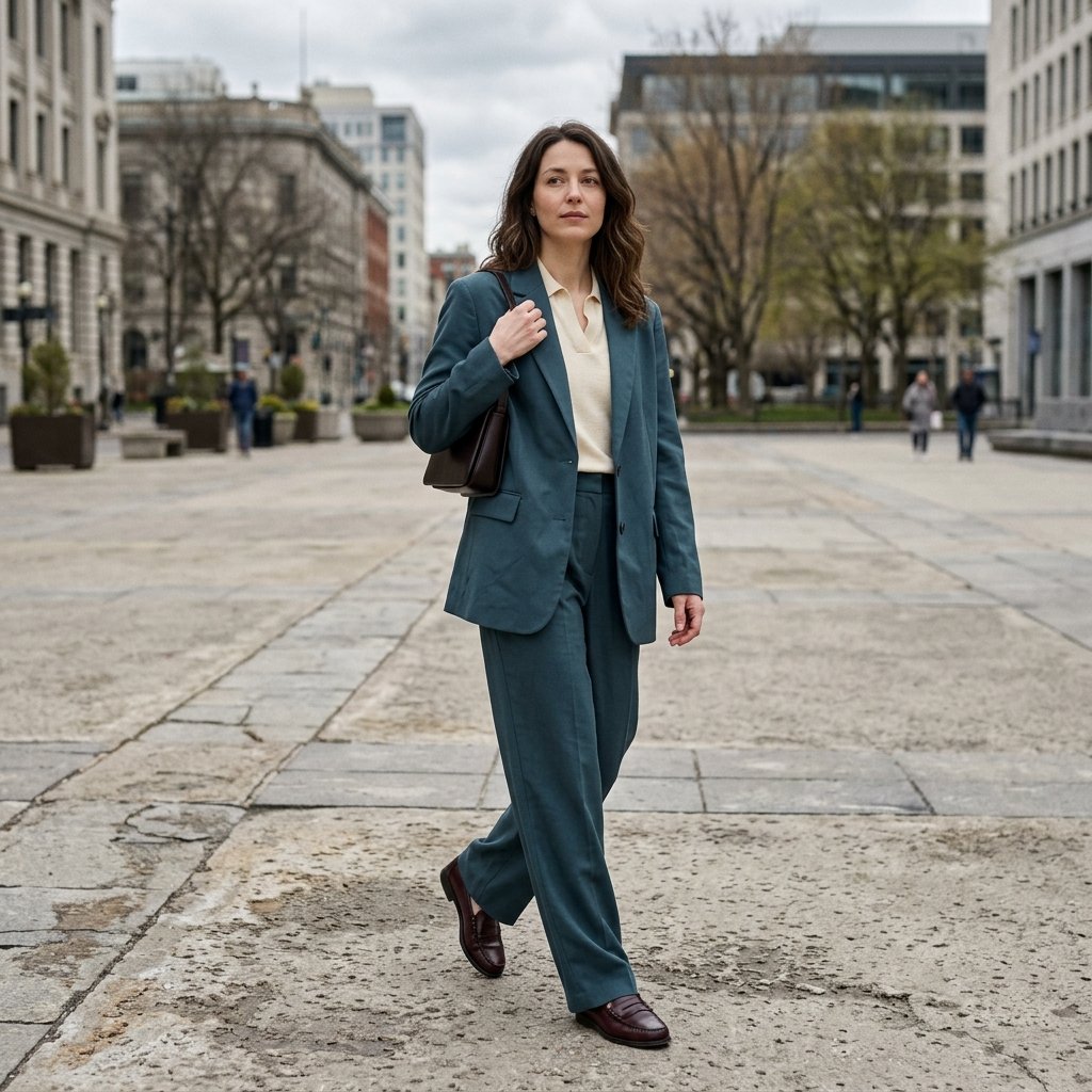Petrol Blue Relaxed Suit With a Buttercream Polo Knit