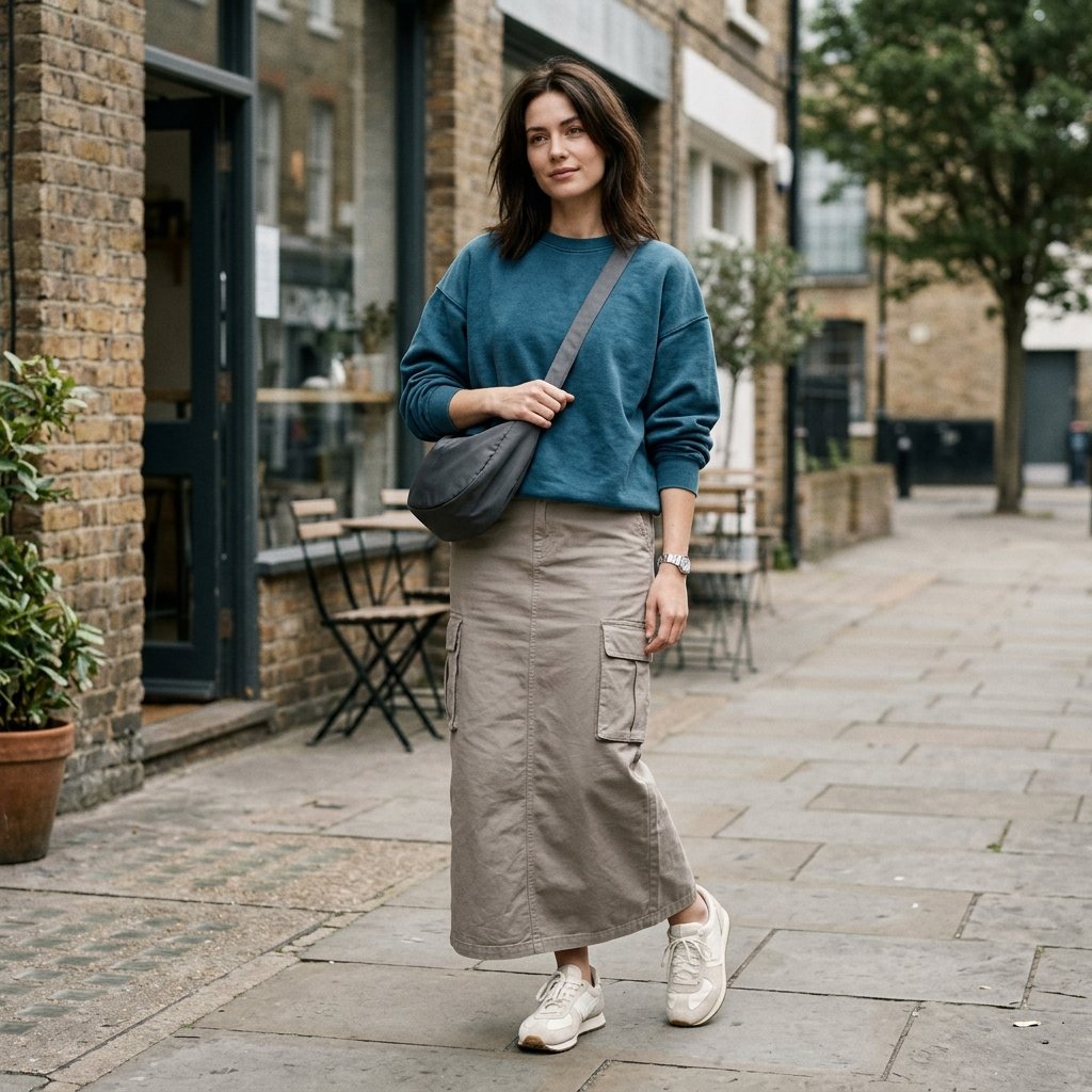 Petrol Blue Sweatshirt + Stone Cargo Maxi Skirt + Retro Trainers