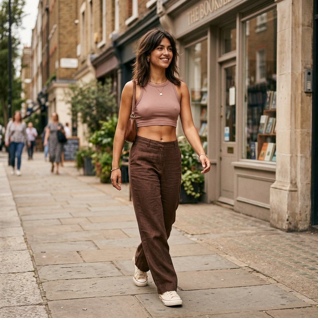Pink Crop Top + Chocolate Wide-Leg Pants + Cream Sneakers