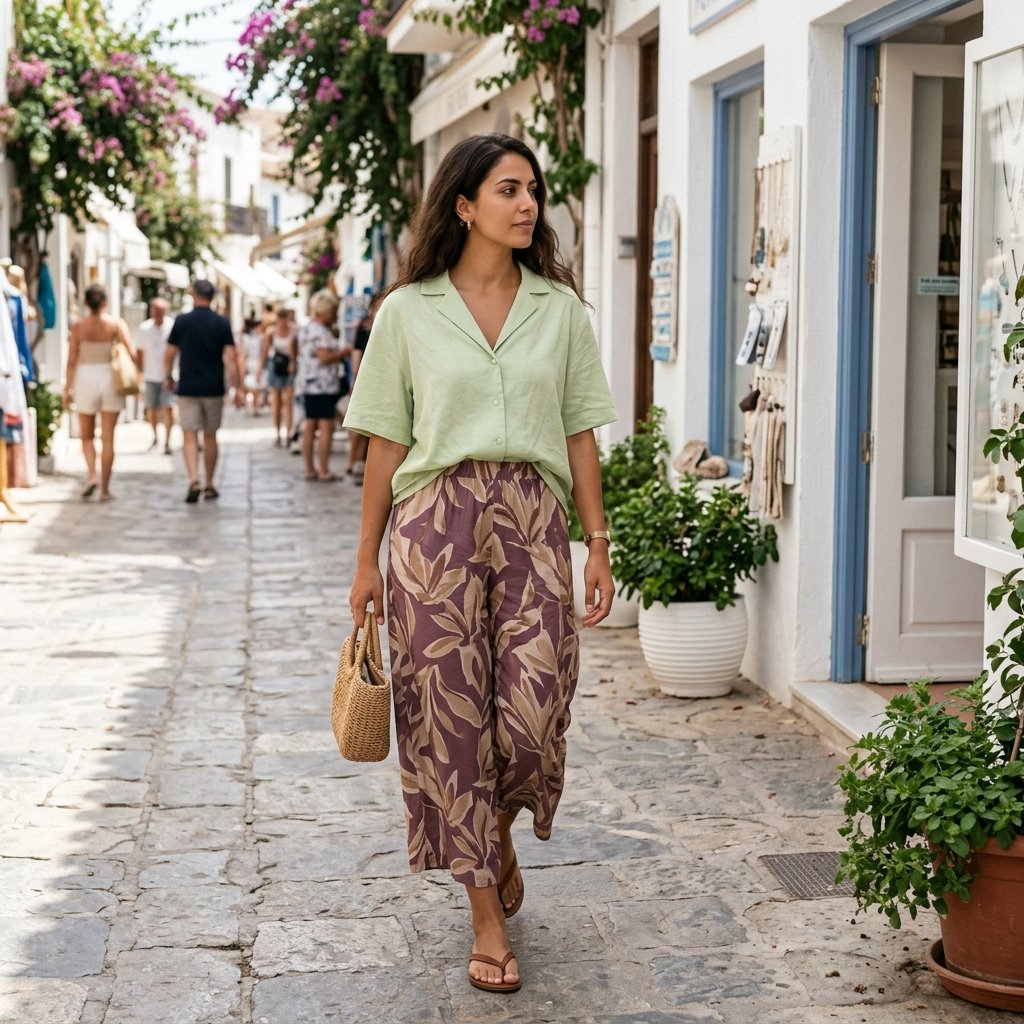Pistachio Camp-Collar Shirt With Printed Culottes