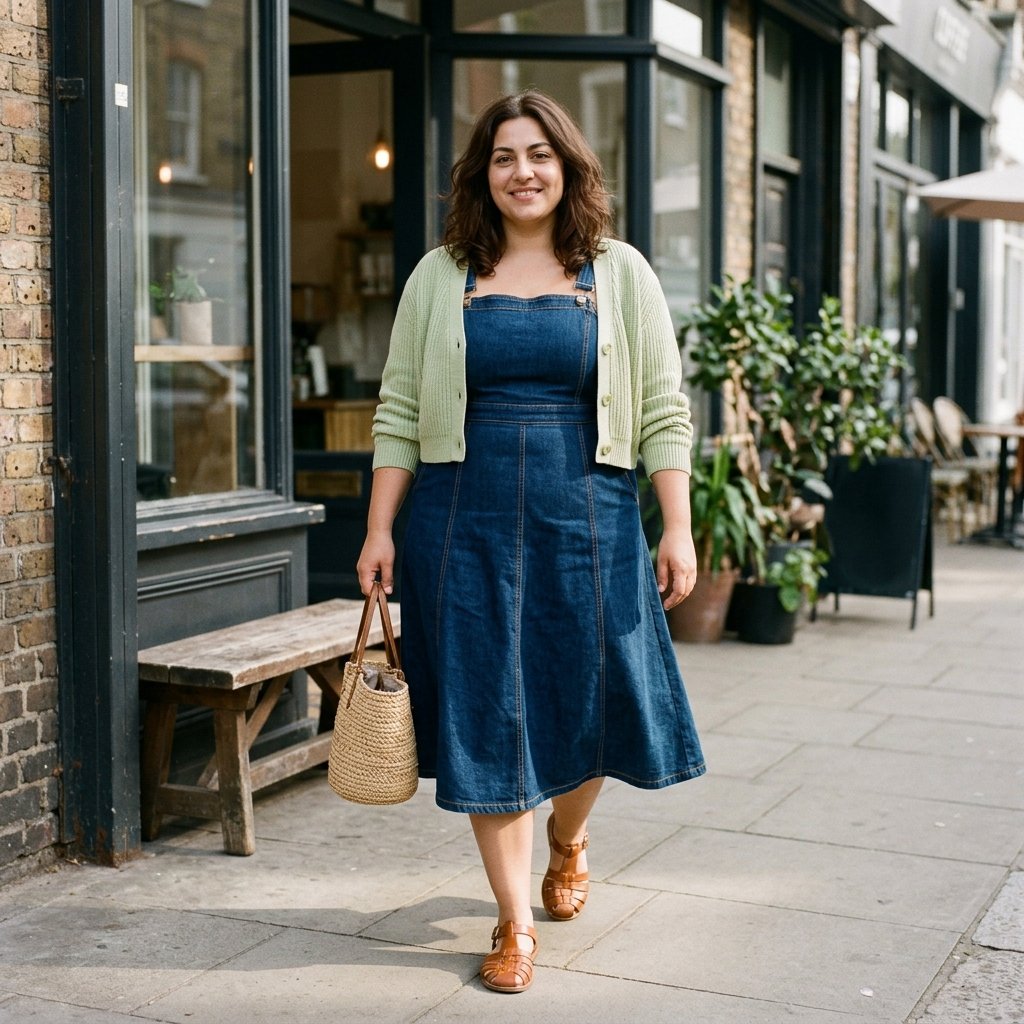 Pistachio Cardigan With a Denim Pinafore Dress