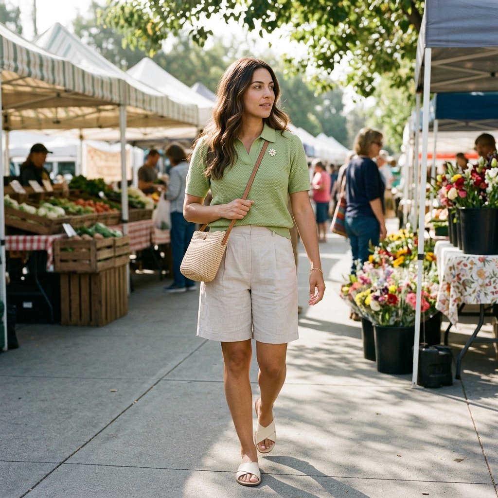 Pistachio Knit Polo, Stone Shorts, and Daisy Brooch