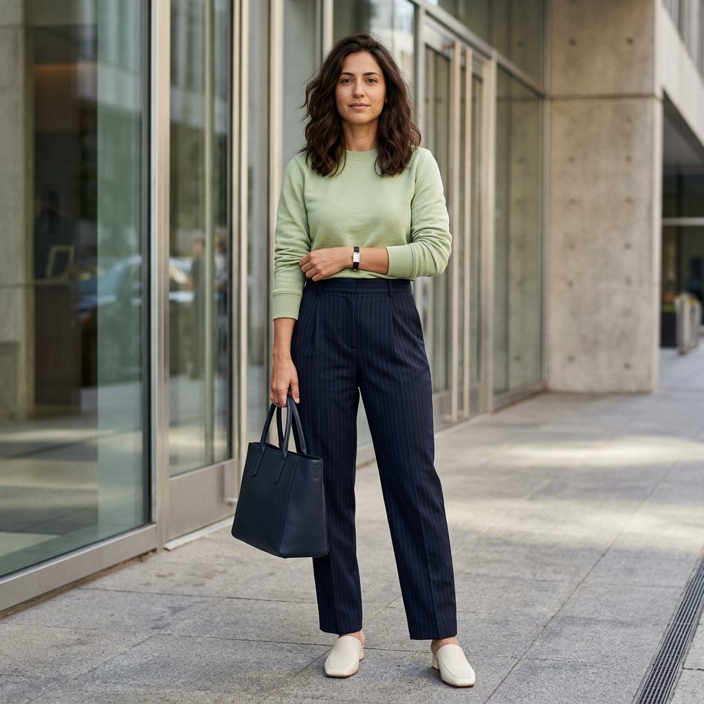 Pistachio Sweatshirt + Midnight Pinstripe Pants + Square-Toe Mules