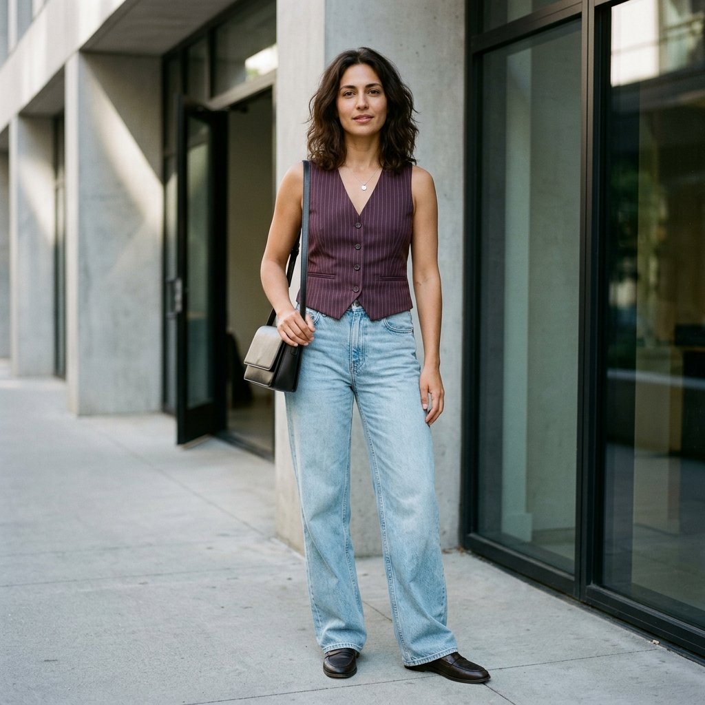 Plum Pinstripe Waistcoat With Light Glacier Denim