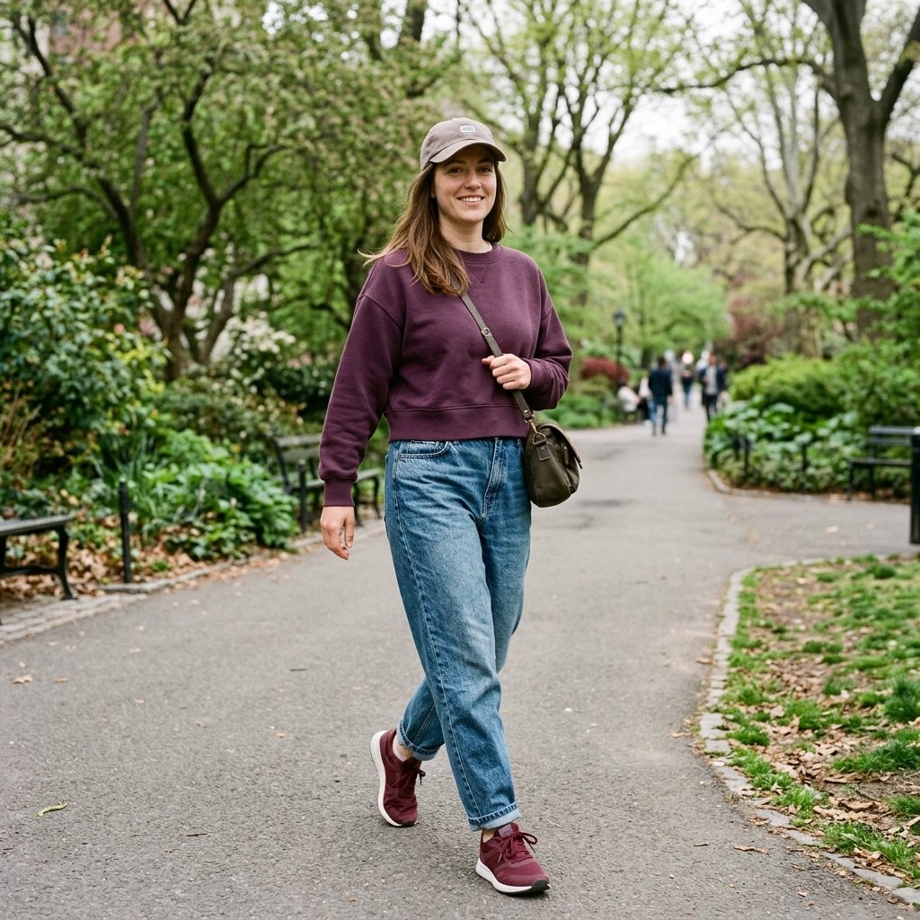Plum Sweatshirt + Stonewash Jeans + Burgundy Trainers