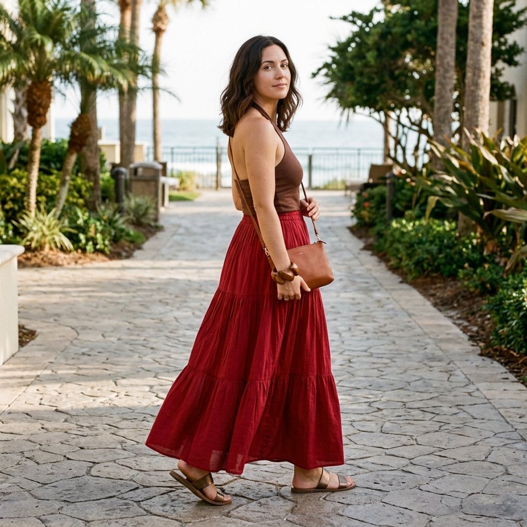 Pomegranate Tiered Maxi Skirt with a Cocoa Halter Top