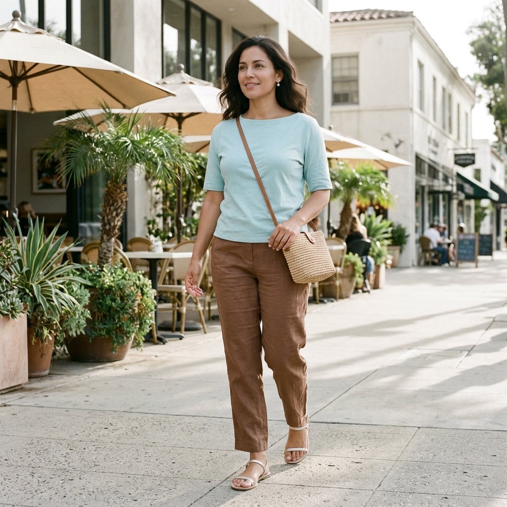 Powder Aqua Boatneck Top With Hazelnut Linen Pants