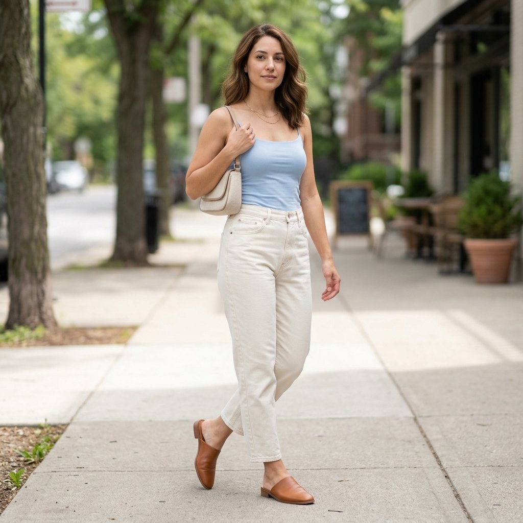 Powder Blue Cami Top + Ecru Barrel Jeans + Cognac Mules