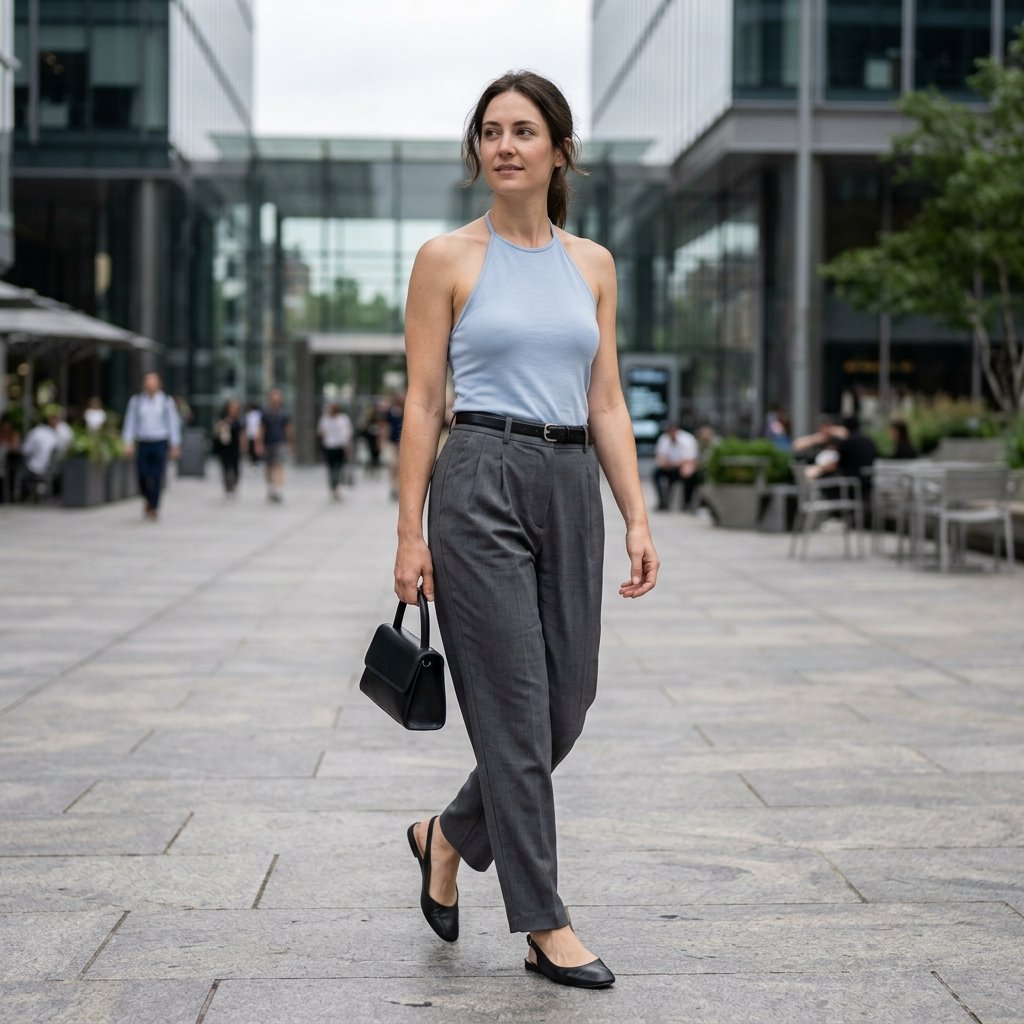 Powder Blue Halter With Charcoal Pleated Trousers