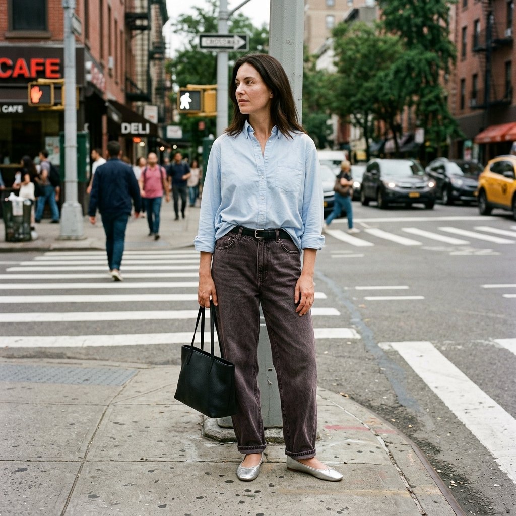 Powder Blue Oxford Shirt + Charcoal Baggy Jeans + Silver Ballet Flats