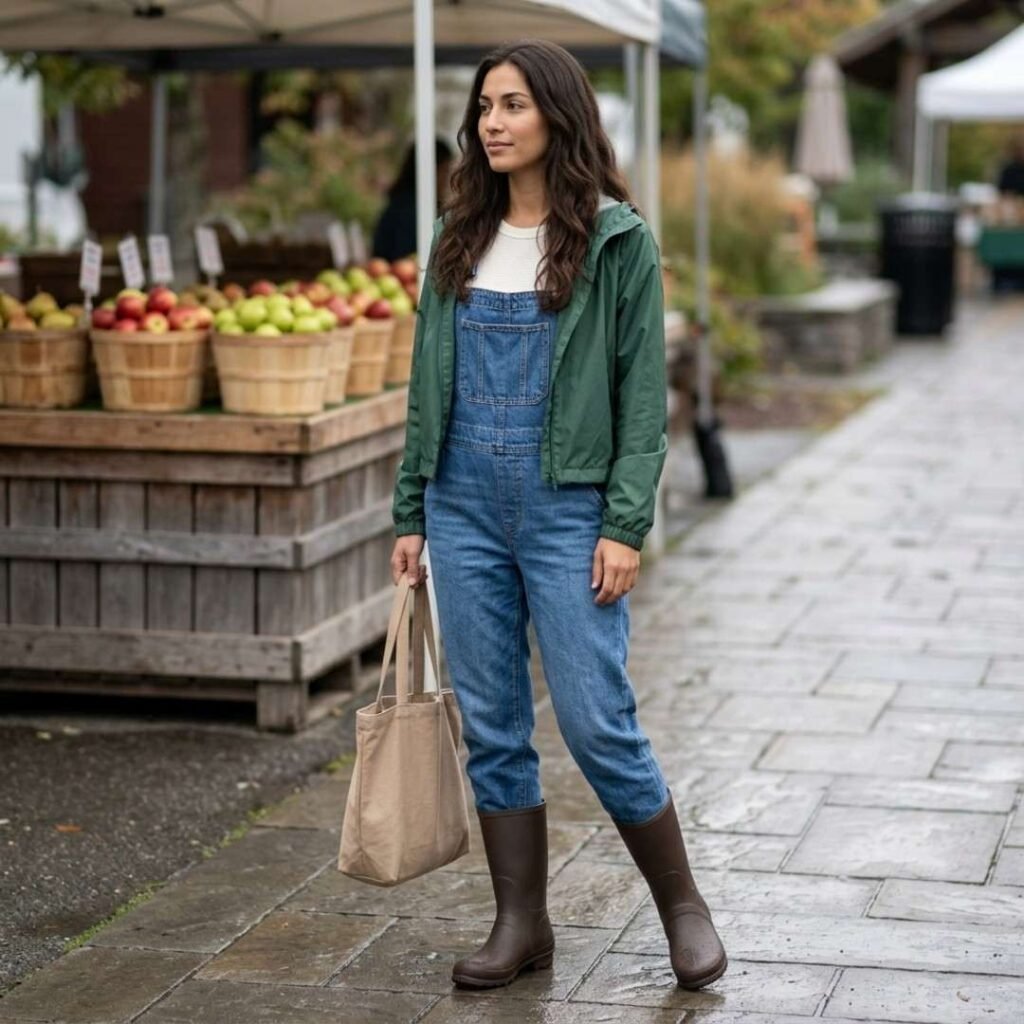 The Farmers' Market Outfit with Denim Overalls and Rubber Boots