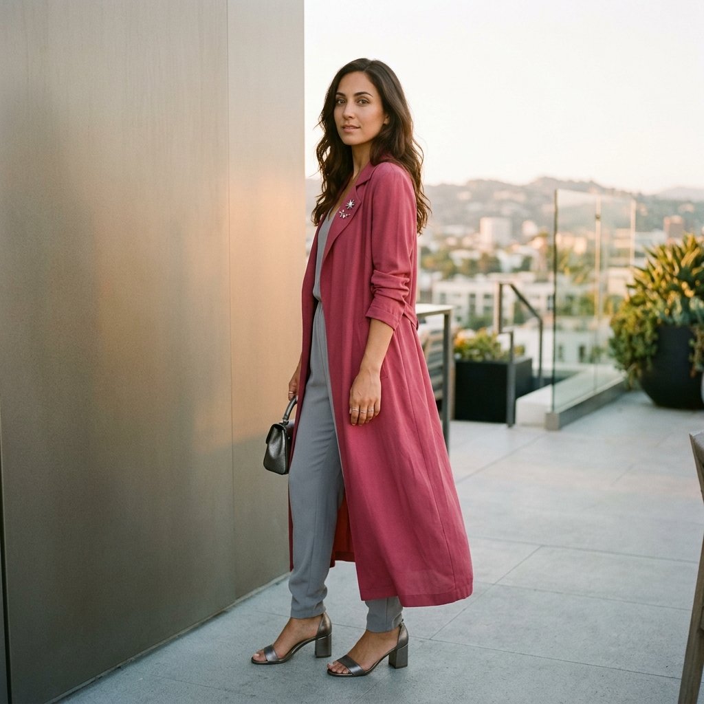 Raspberry Duster, Dove Jumpsuit, and Celestial Brooch