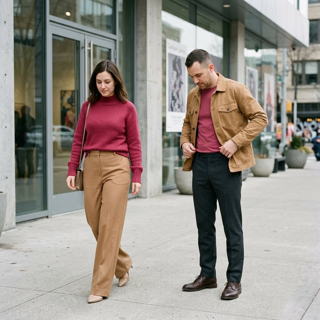 Raspberry Knit + Camel Trousers