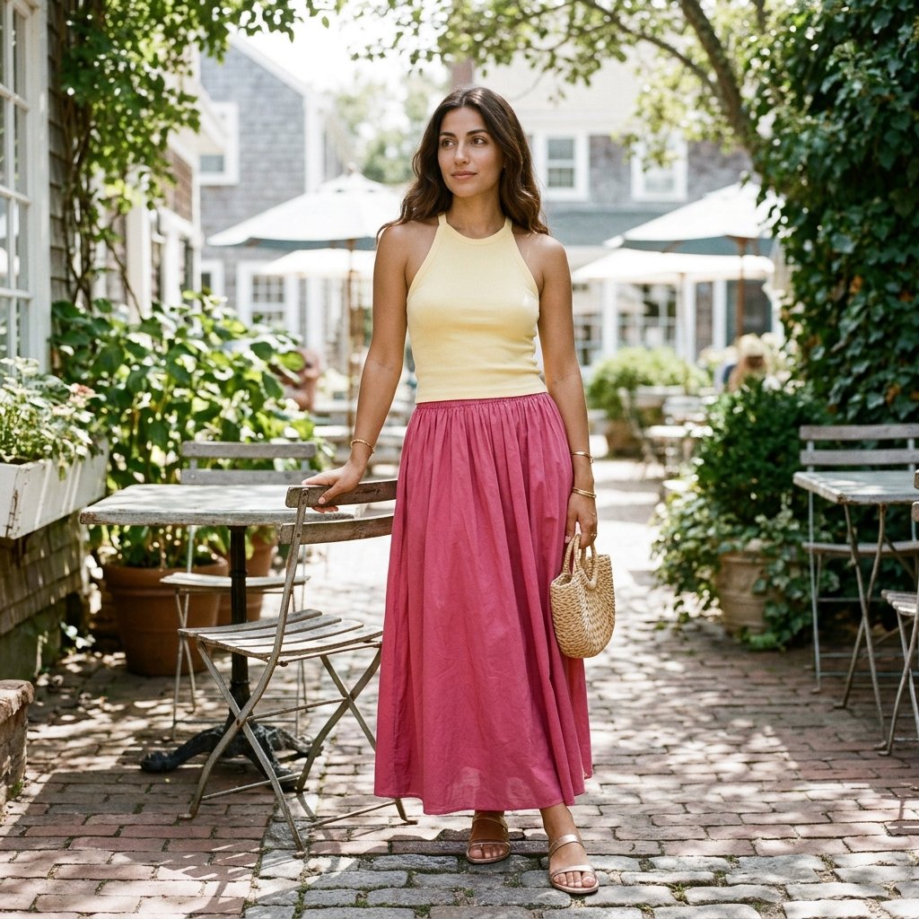 Raspberry Pink Maxi Skirt with Butter Yellow Halter Top