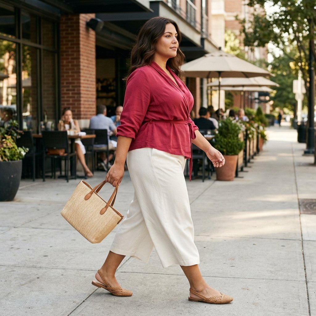 Raspberry Wrap Blouse With Ecru Culottes