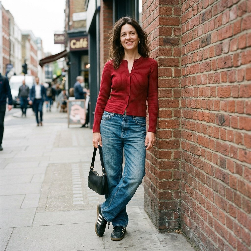 Red Fitted Cardigan + Low-Rise Baggy Jeans + Black Sneakers