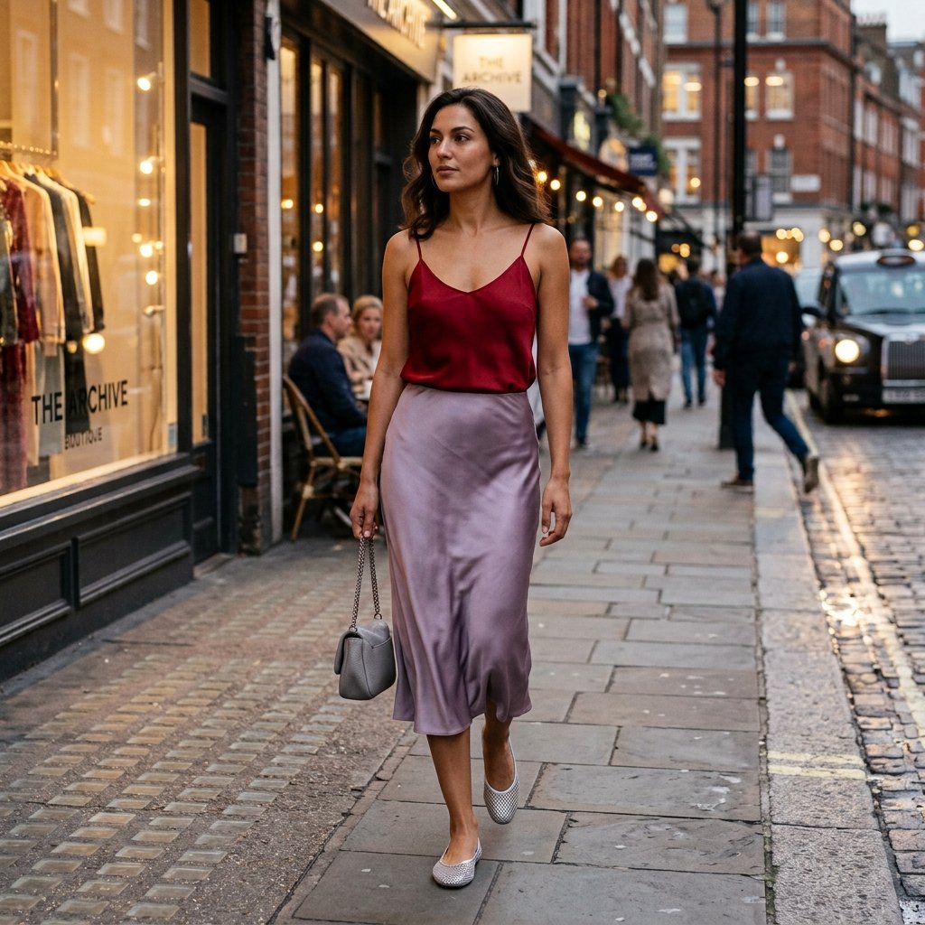 Ruby Red Cami + Dusty Lilac Bias-Cut Skirt + Silver Mesh Flats