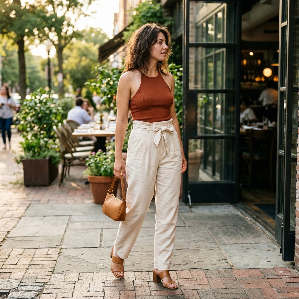 Rust Halter With Cream Paperbag Trousers