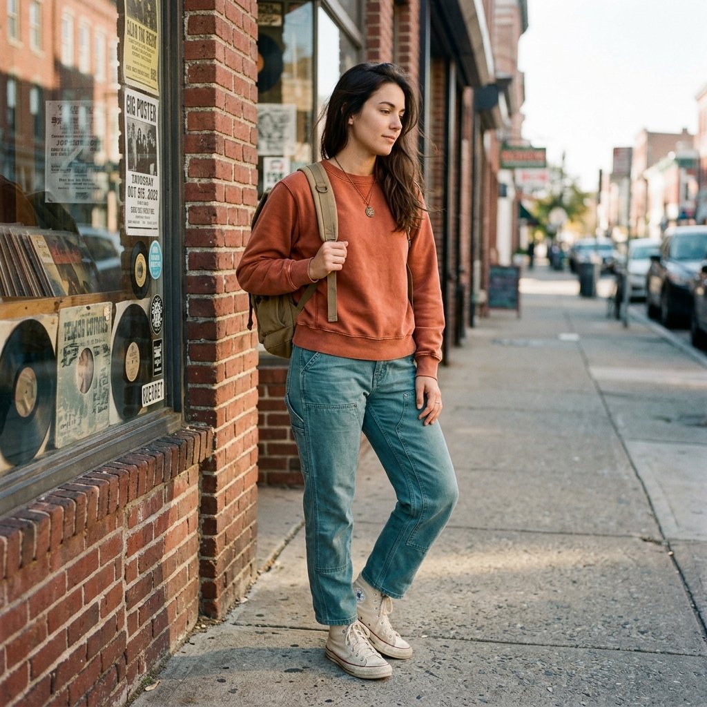 Rust Orange Sweatshirt + Faded Teal Carpenter Jeans + Canvas High-Tops