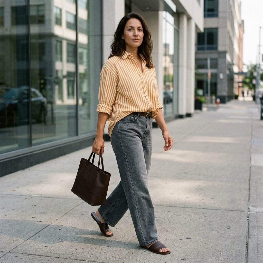 Saffron Striped Button-Up With Pewter Wide Leg Jeans