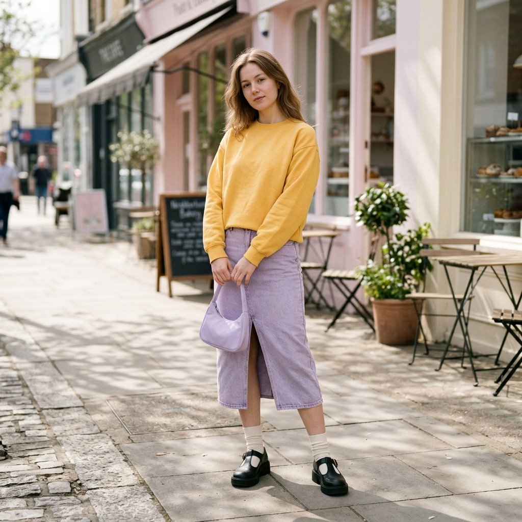 Saffron Sweatshirt + Washed Lilac Denim Skirt + Platform Mary Janes