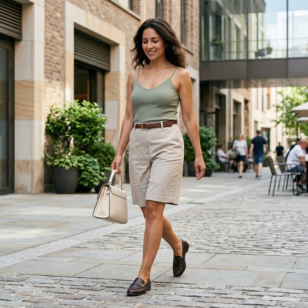 Sage Green Ribbed Cami + Stone Bermuda Shorts + Espresso Loafers