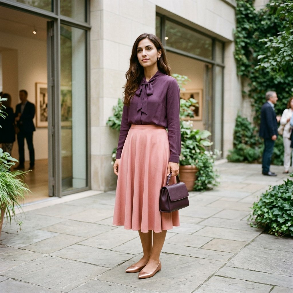 Salmon Pink Skirt with Plum Purple Bow-Neck Blouse