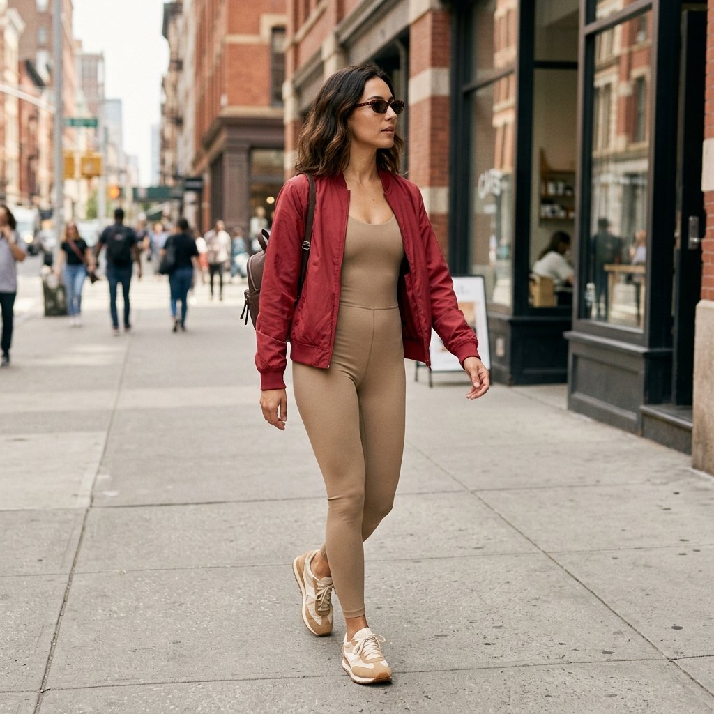 Sand Dune Athletic Jumpsuit With a Cranberry Baseball Jacket