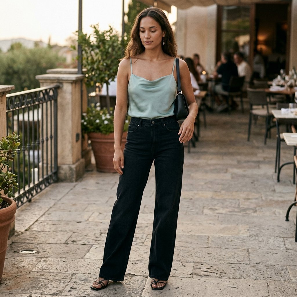 Sea Glass Satin Camisole With Ink Black Denim