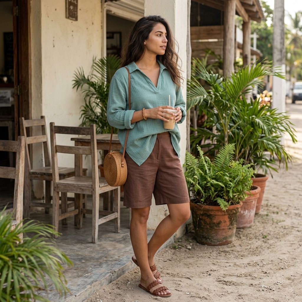 Seafoam Gauze Tunic With Cocoa Bermuda Shorts