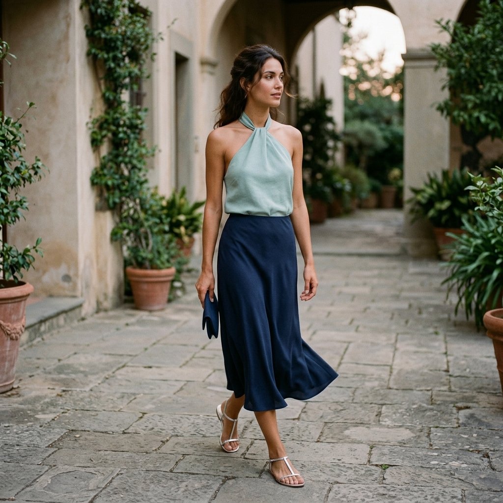 Seafoam Halter With Navy Bias-Cut Midi