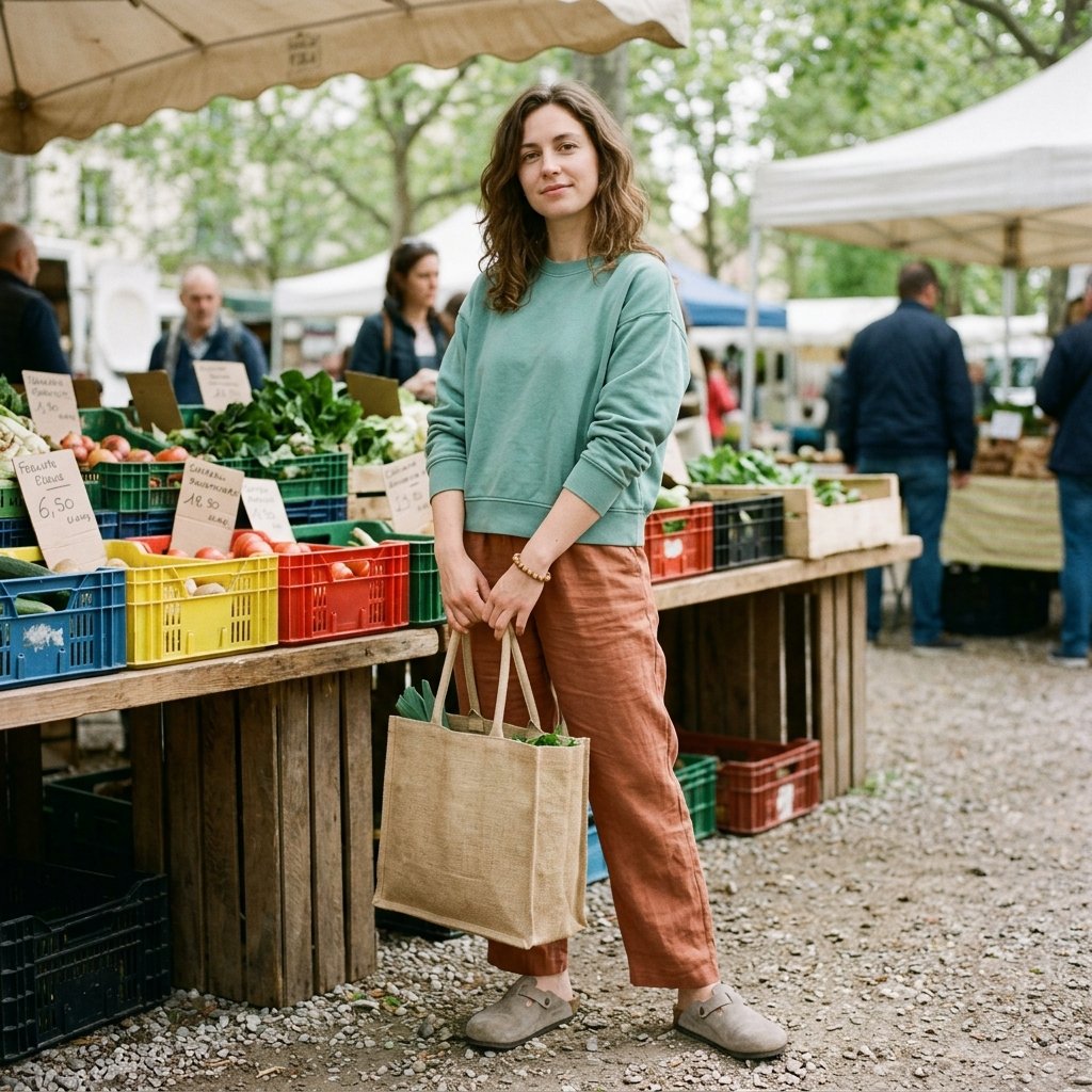 Seafoam Sweatshirt + Terracotta Linen Pants + Suede Clogs