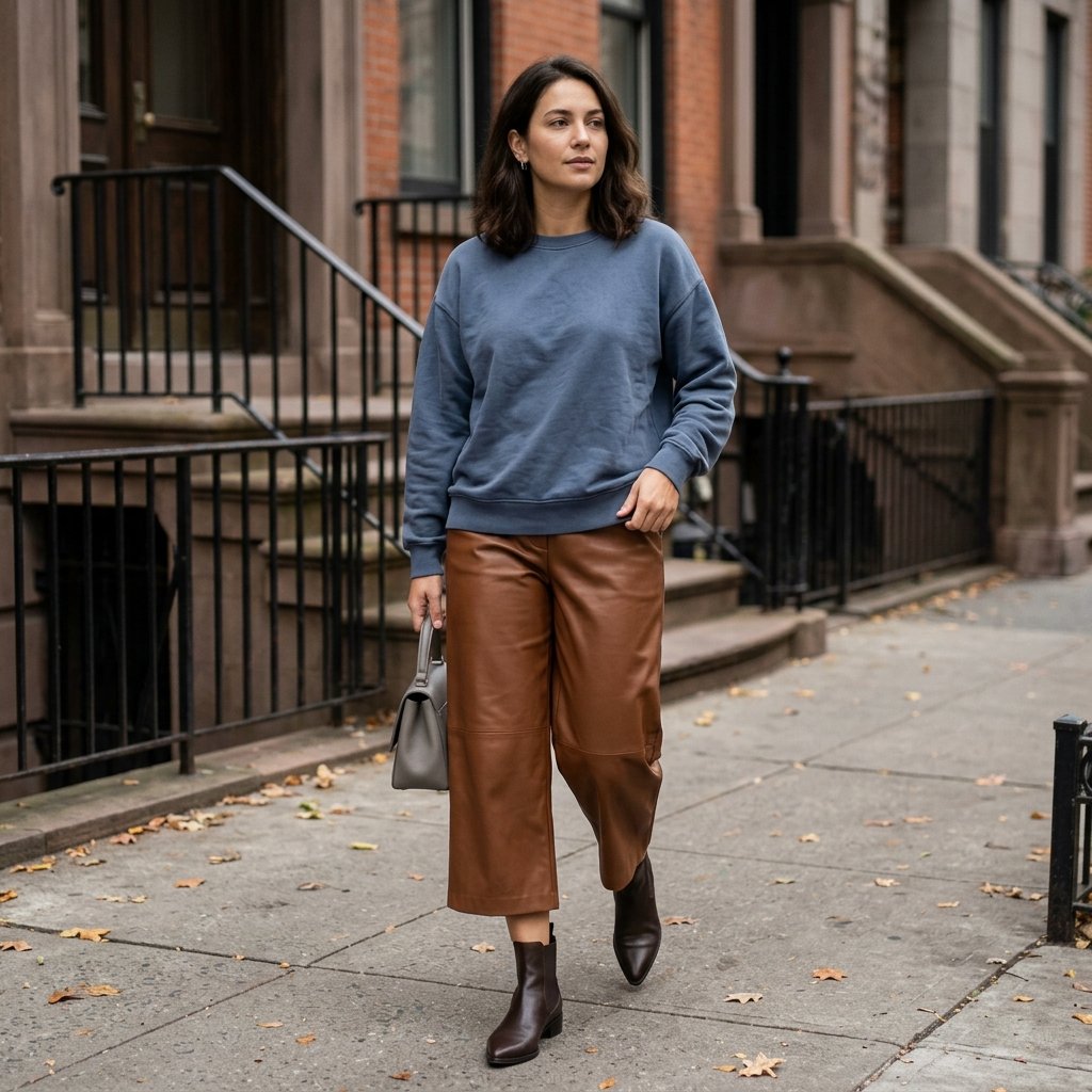 Slate Blue Sweatshirt + Tobacco Faux-Leather Culottes + Chelsea Boots