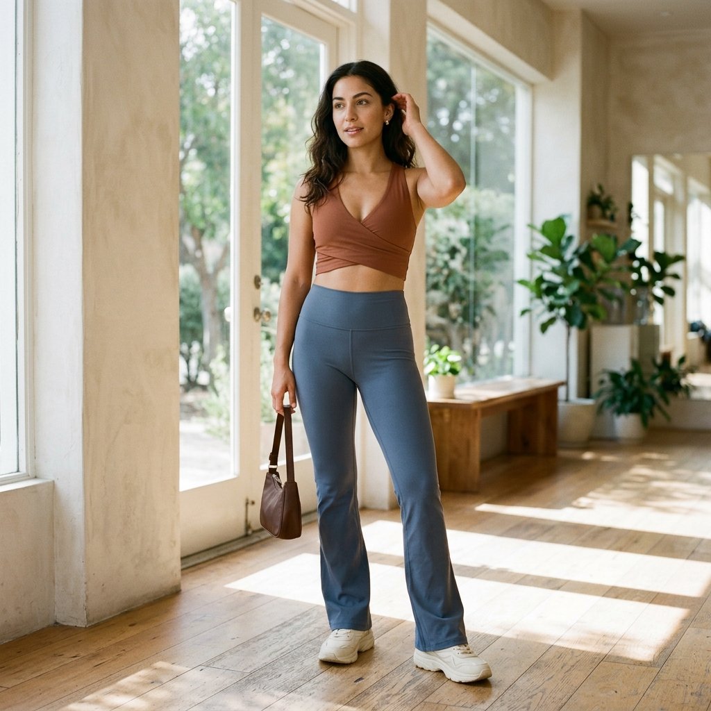 Slate Blue Yoga Pants With a Cinnamon Wrap Top
