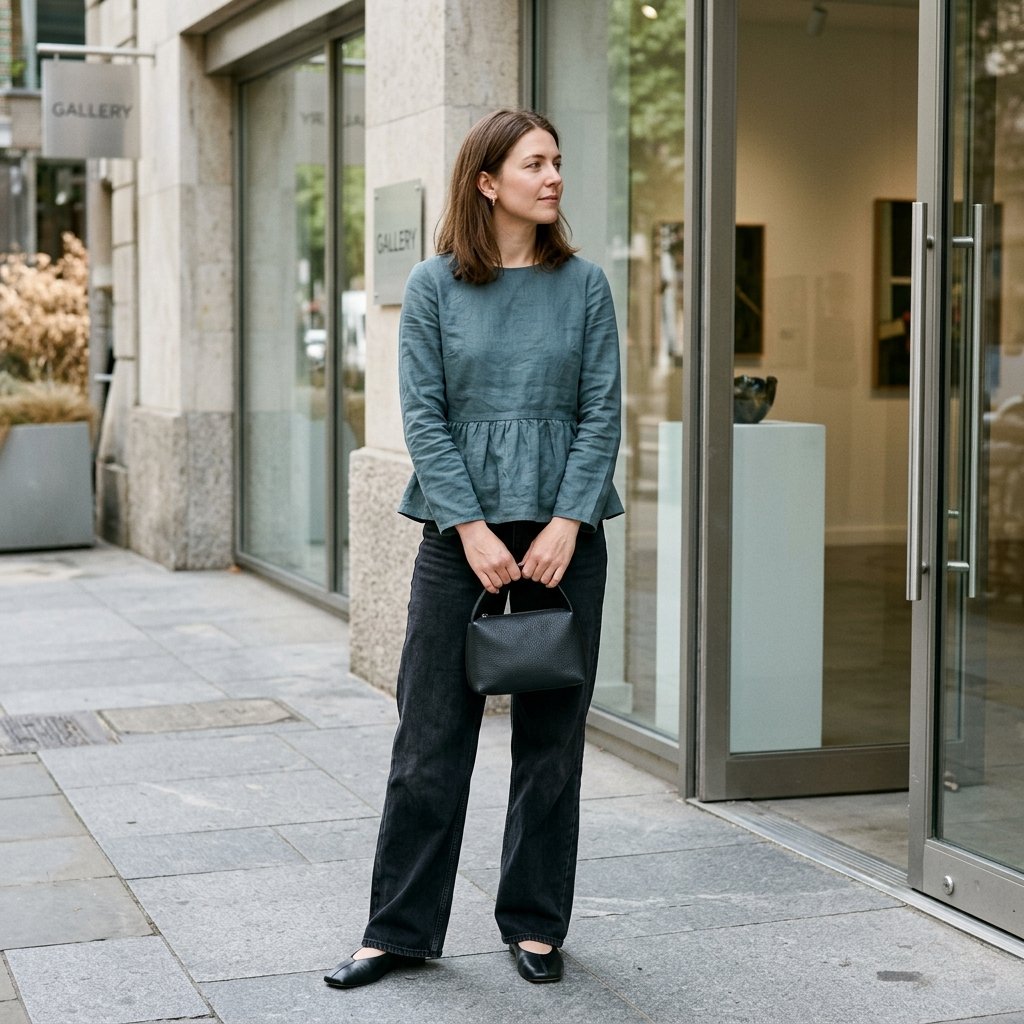 Slate Teal Peplum Blouse With Weathered Black Denim