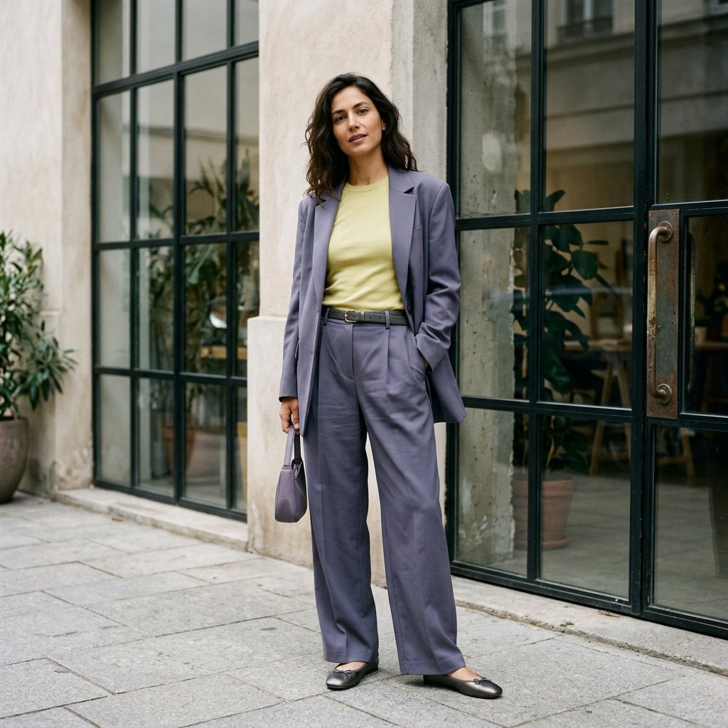 Slate Violet Suit With a Chartreuse Fine-Knit Tee