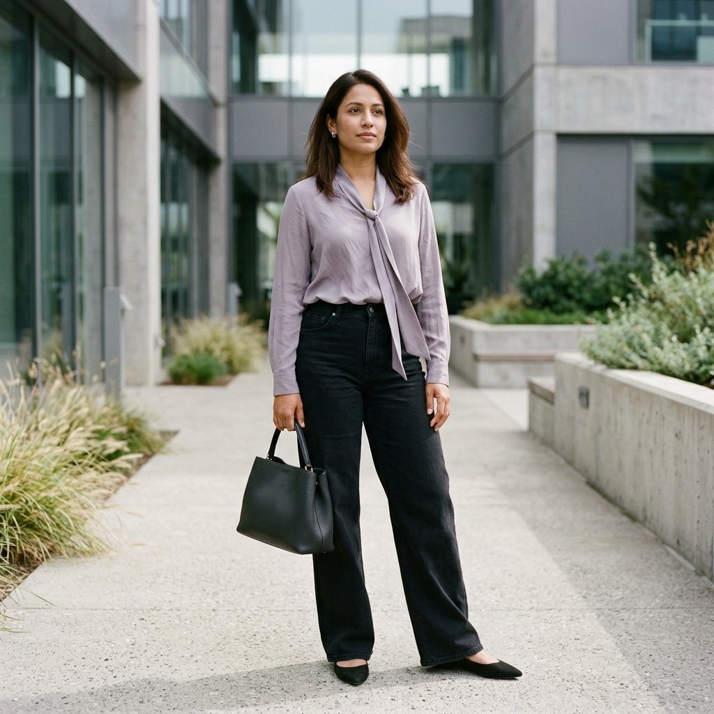 Smoky Lilac Tie-Neck Blouse With Coal Black Jeans