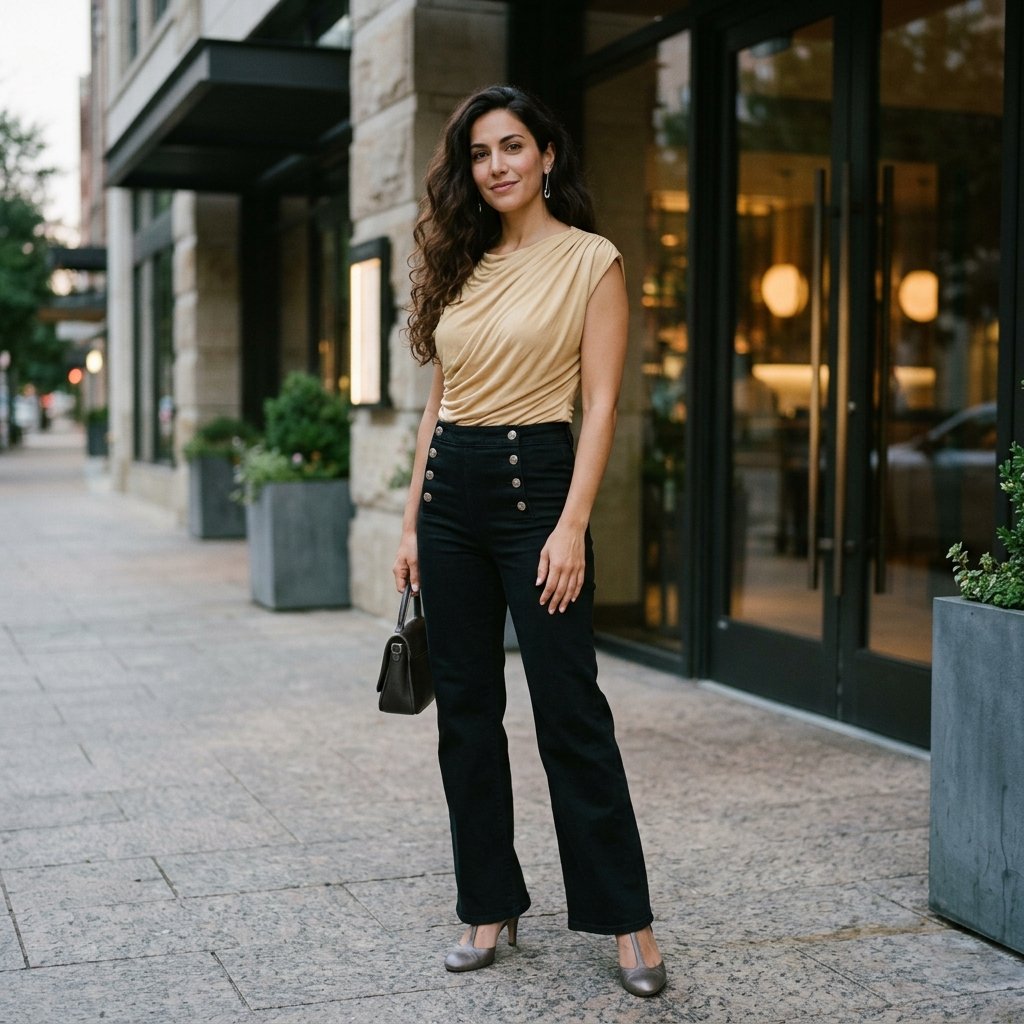 Soft Gold Draped Bodysuit + Black Sailor Jeans