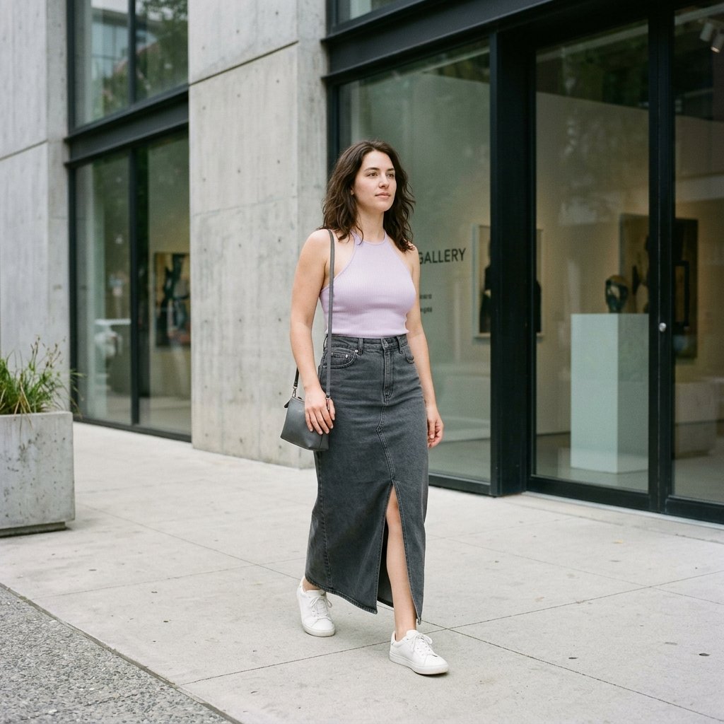 Soft Lilac Halter With Graphite Maxi Denim Skirt