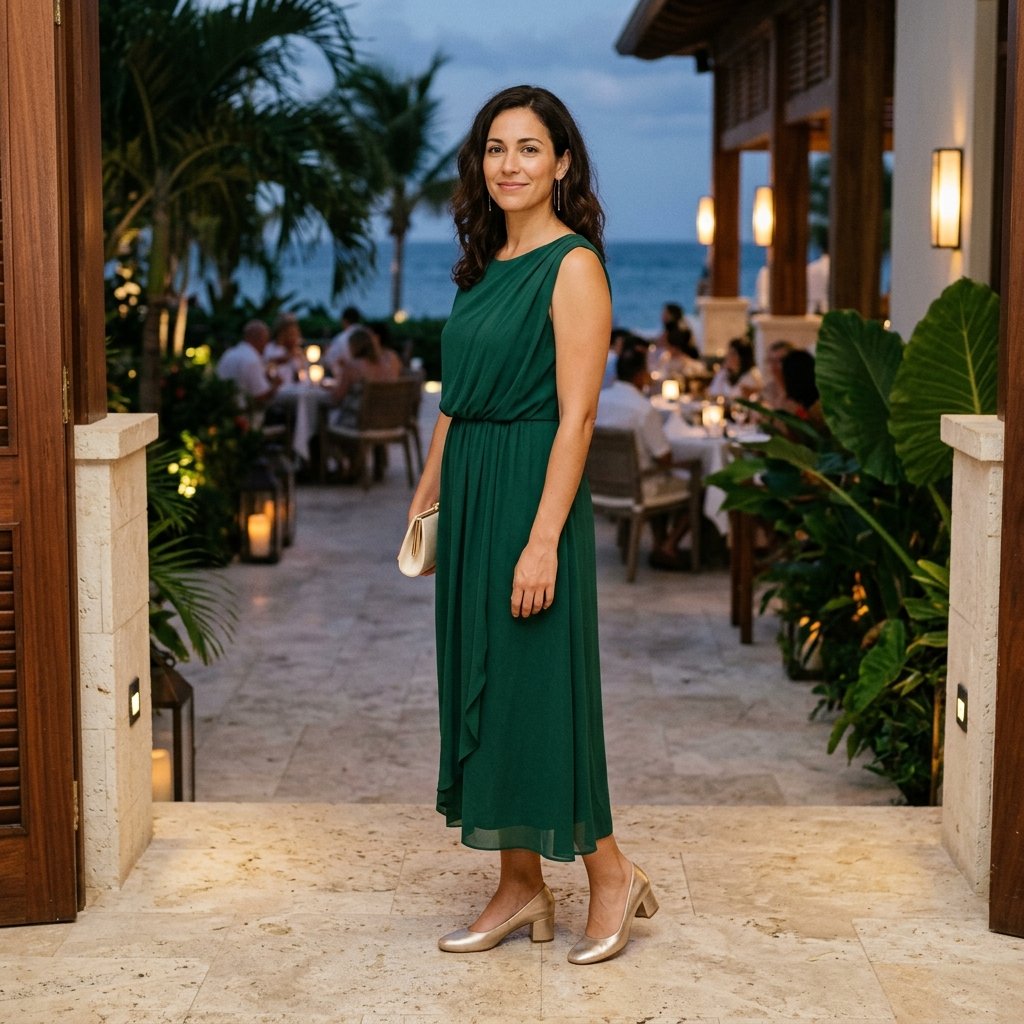 Special Resort Dinner Outfit With a Draped Midi Dress
