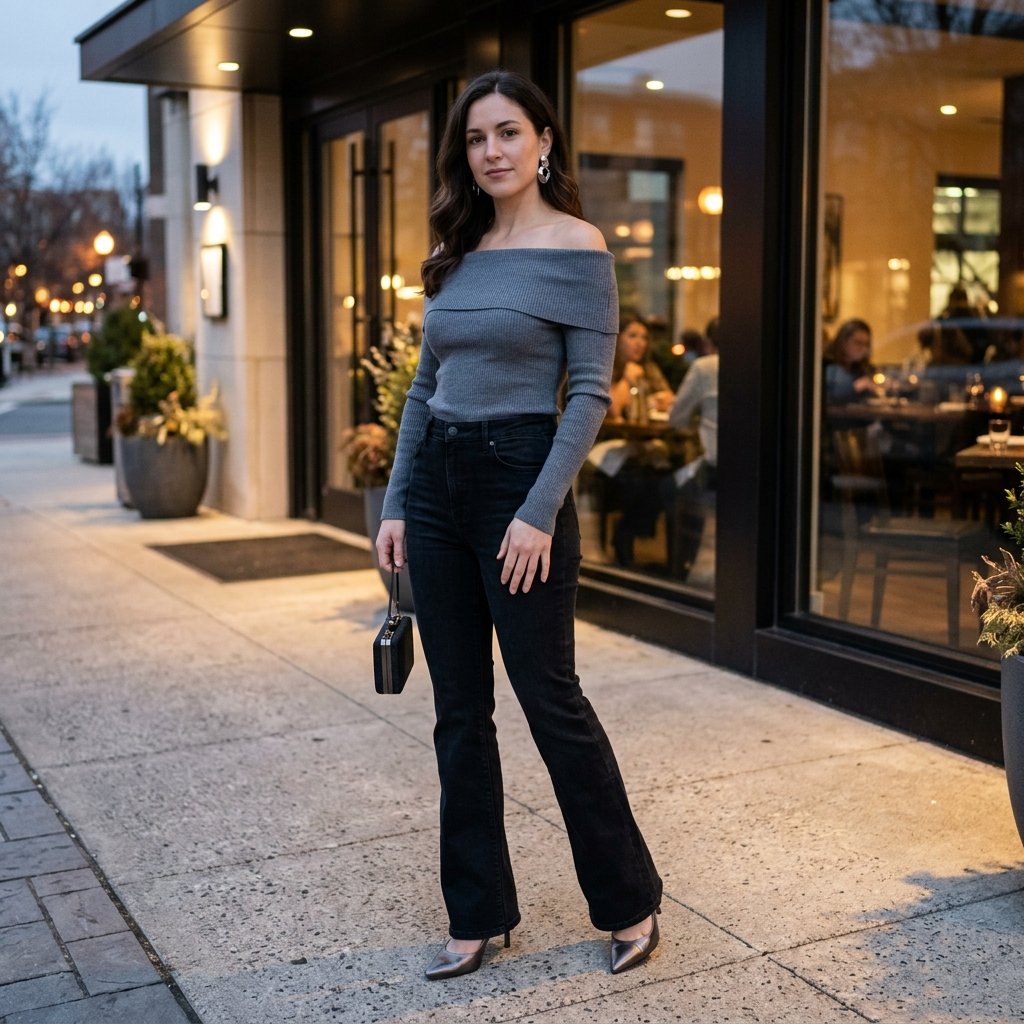 Steel Gray Off-Shoulder Top + Black Flared Jeans