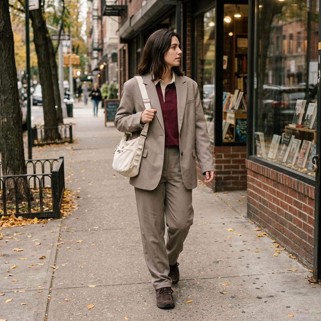 Stone Taupe Suit With a Burgundy Rugby Shirt