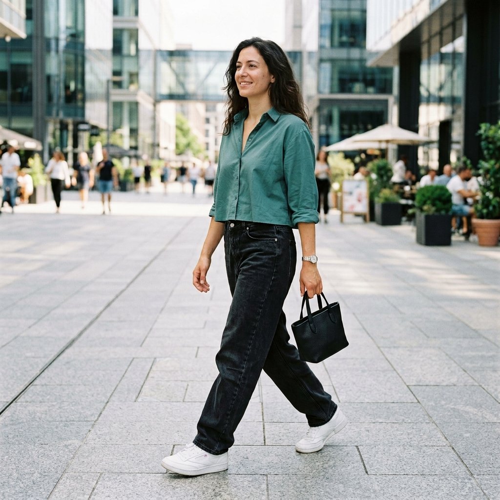Teal Cropped Shirt + Off-Black Jeans + White Leather Sneakers