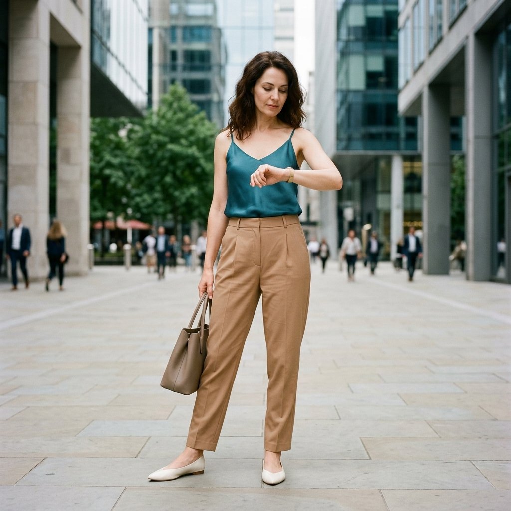 Teal Silk Cami + Camel Pleated Pants + Ivory Pointed Flats