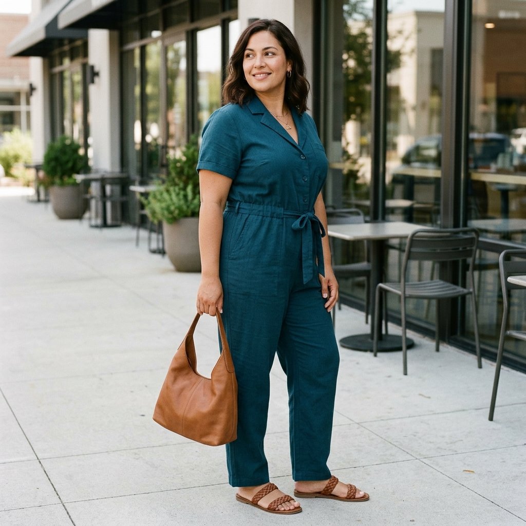 Teal Utility Jumpsuit With Braided Sandals